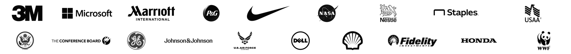 Client logos: 3M, Microsoft, Marriott, P&G, Nike, NASA, Nestlé, Staples, USAA, U.S. Government, The Conference Board, GE, Johnson & Johnson, U.S. Air Force, Dell, Shell, Fidelity Investments, Honda, WWF